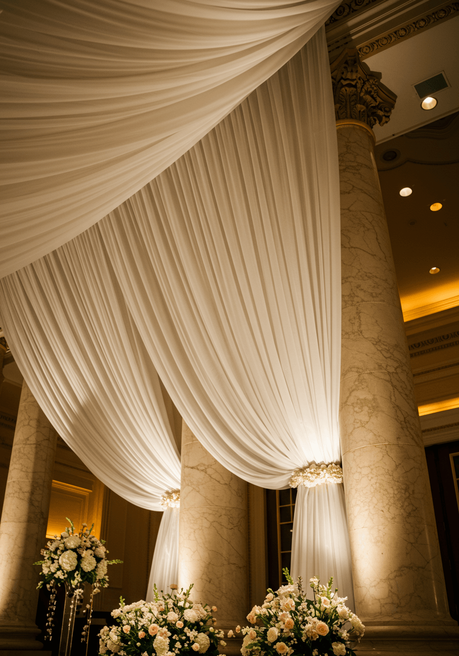 Wide shot of ivory pleated silk fabric draping classical marble columns at evening wedding reception with warm ambient uplighting