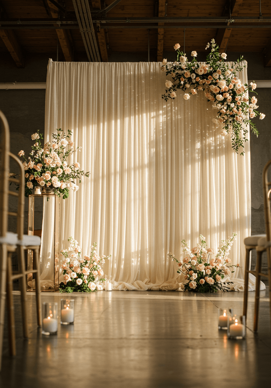 Bride in champagne silk gown touching dramatic micro-pleated cream fabric installation in elegant ballroom with afternoon light