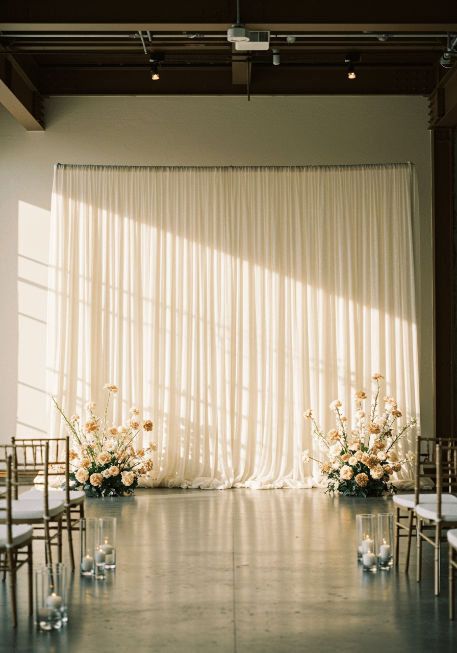 Floor-to-ceiling cream micro-pleated fabric backdrop behind modern wedding ceremony altar during golden hour with symmetrical composition