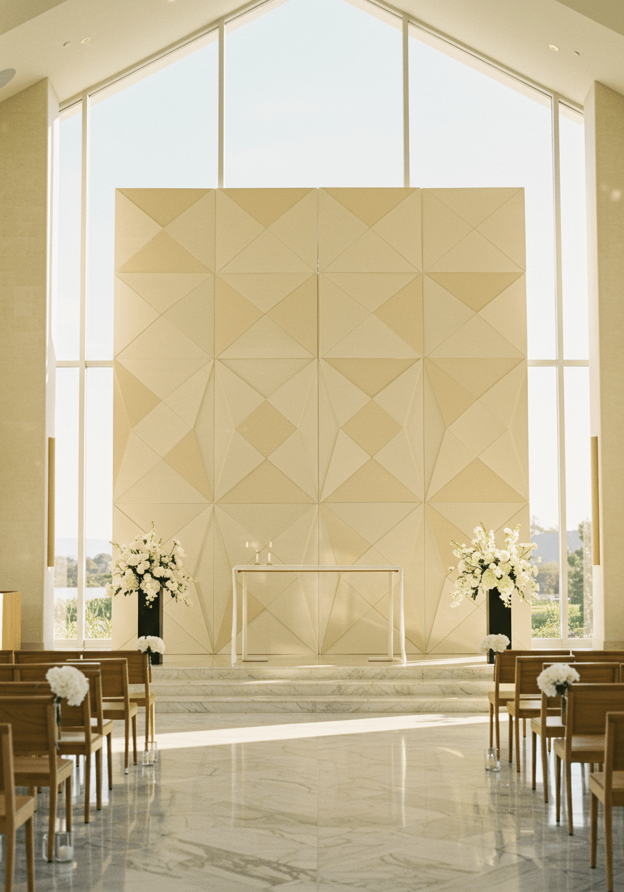 Symmetrical box-pleated ceremony backdrop in ivory and champagne matte silk behind modern chapel altar with geometric fold shadows