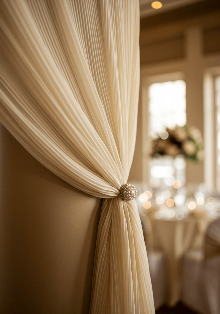 Macro detail of ivory chiffon accordion pleats on wedding reception column with golden hour lighting creating dimensional shadows