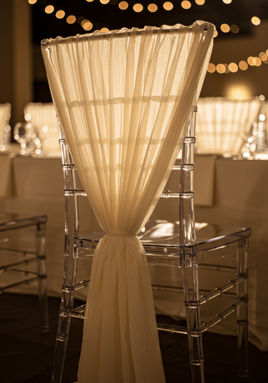 Intimate detail of translucent ivory pleated organza cascading over single modern ghost chair at golden hour wedding reception