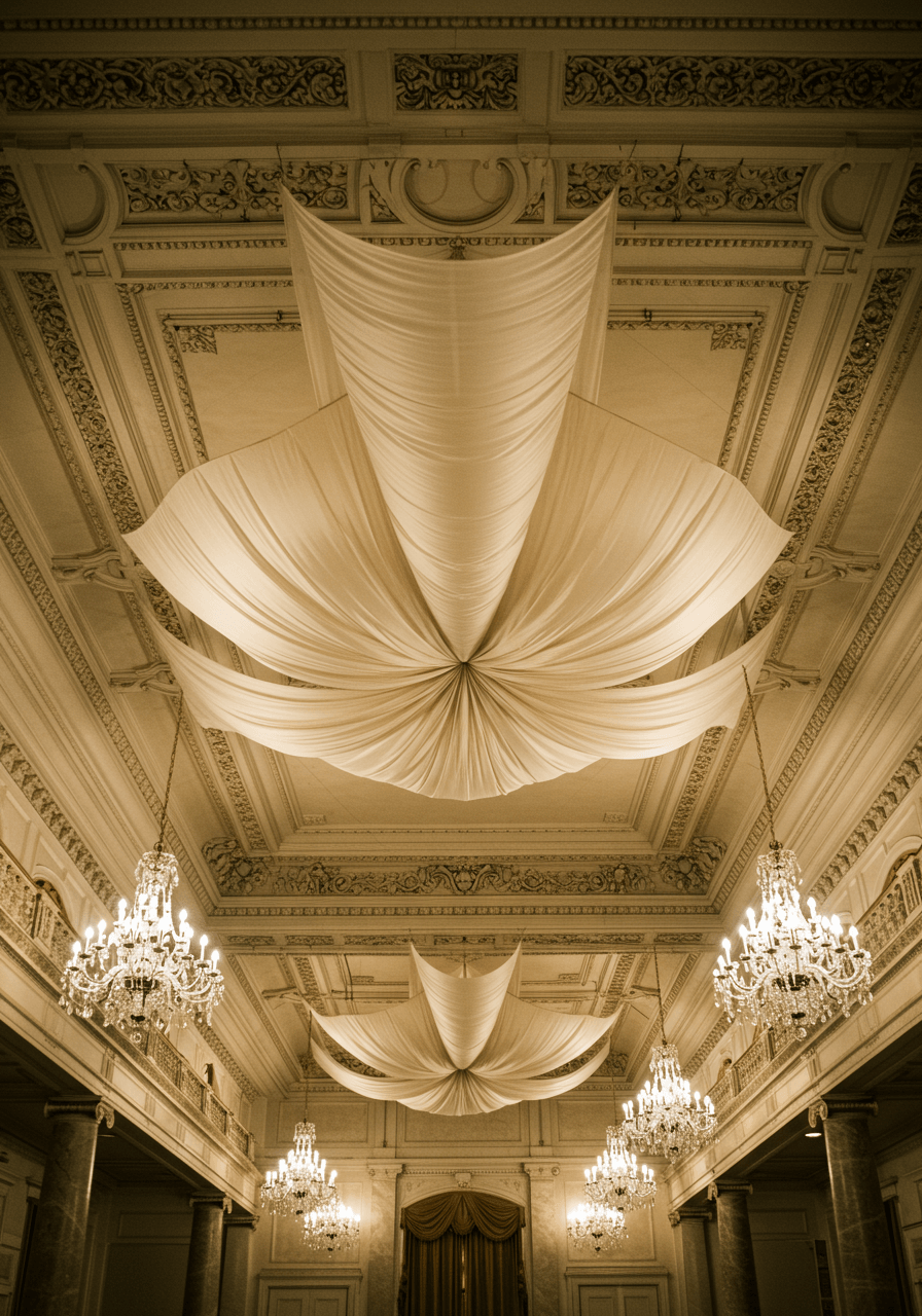 Radial pleated ivory silk ceiling medallion suspended in grand ballroom with ornate coffered ceiling and crystal chandelier lighting
