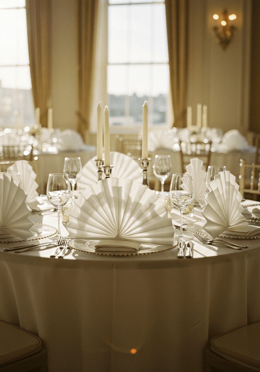 Crisp white sunburst-pleated wedding table linens with sharp geometric fan-fold designs on reception table during golden hour