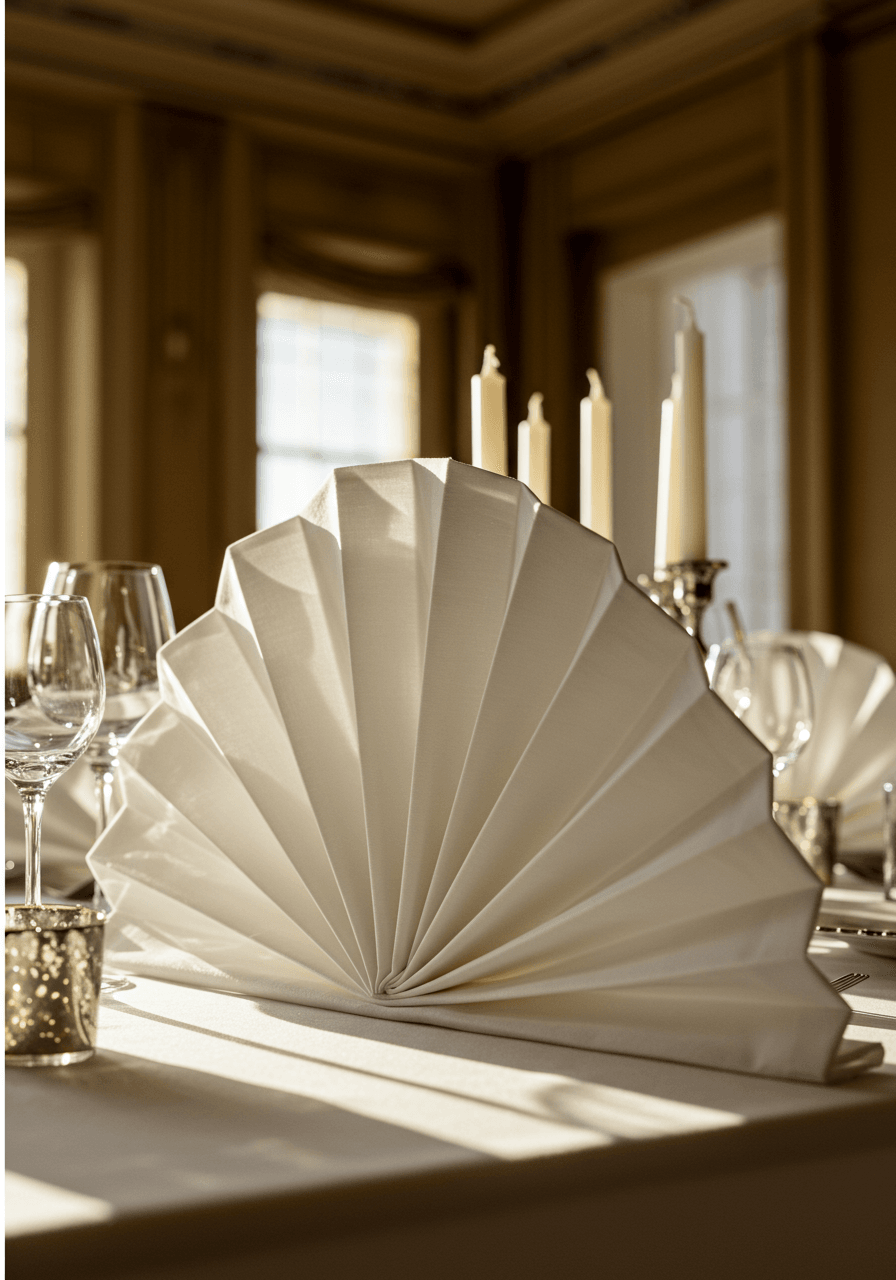 Close-up of architectural sunburst pleated white tablecloth showing precise geometric folds with crystal glassware and silver chargers