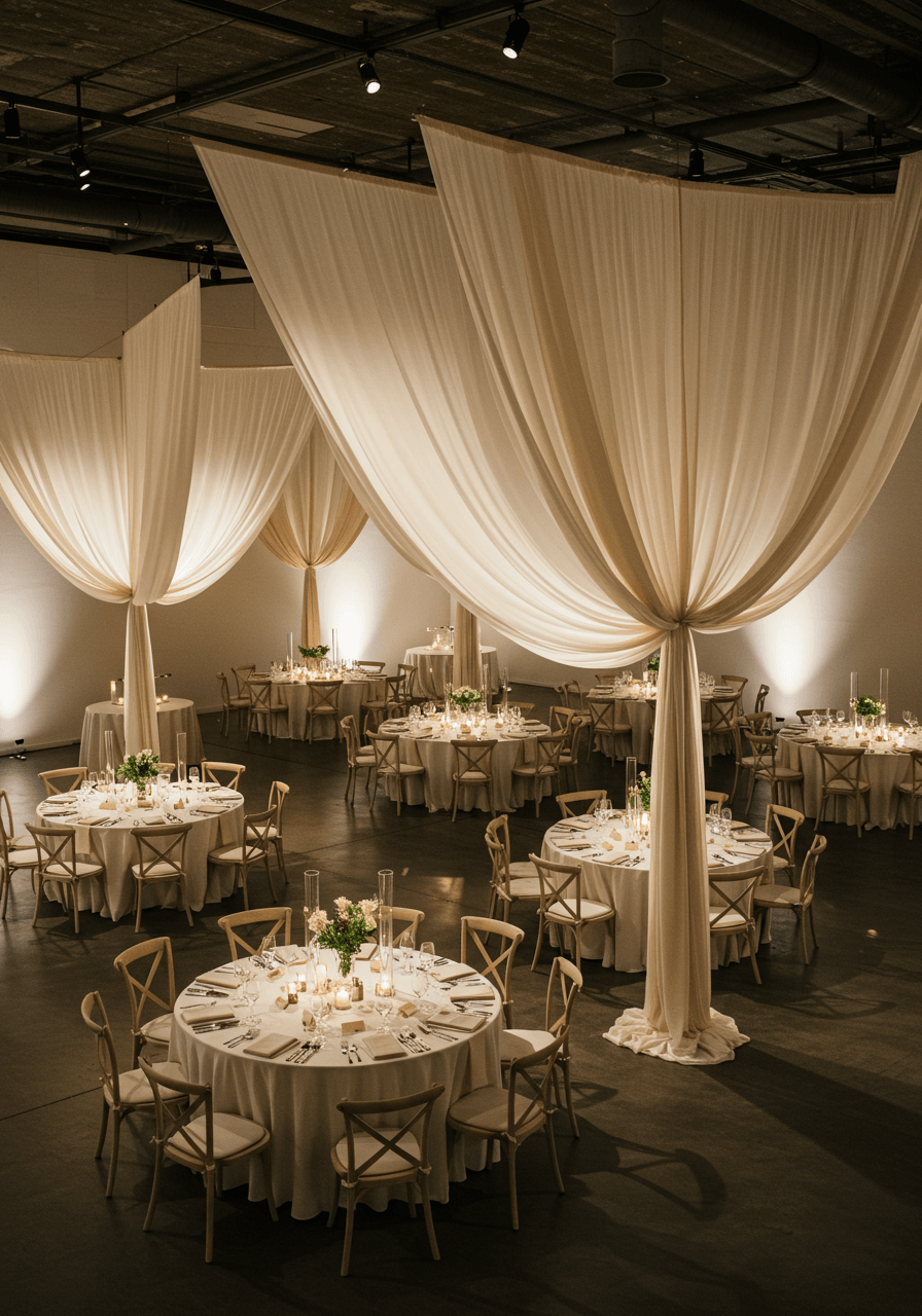 Detail shot of flowing pleated silk panel centrepieces with organic sculptural shapes and warm uplighting at contemporary wedding reception