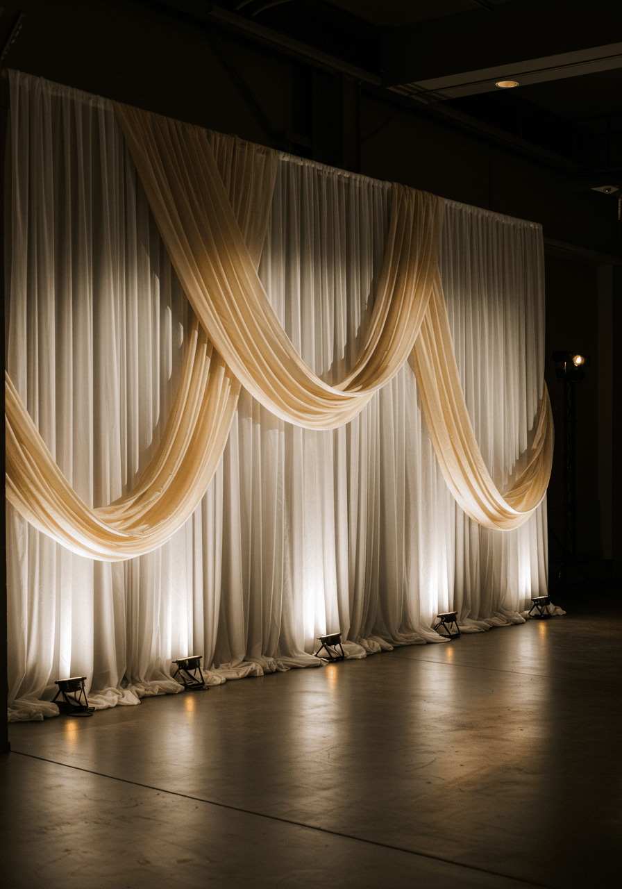 Large sculptural ivory and champagne pleated silk panels mounted on wedding venue wall with dramatic side lighting creating geometric shadows