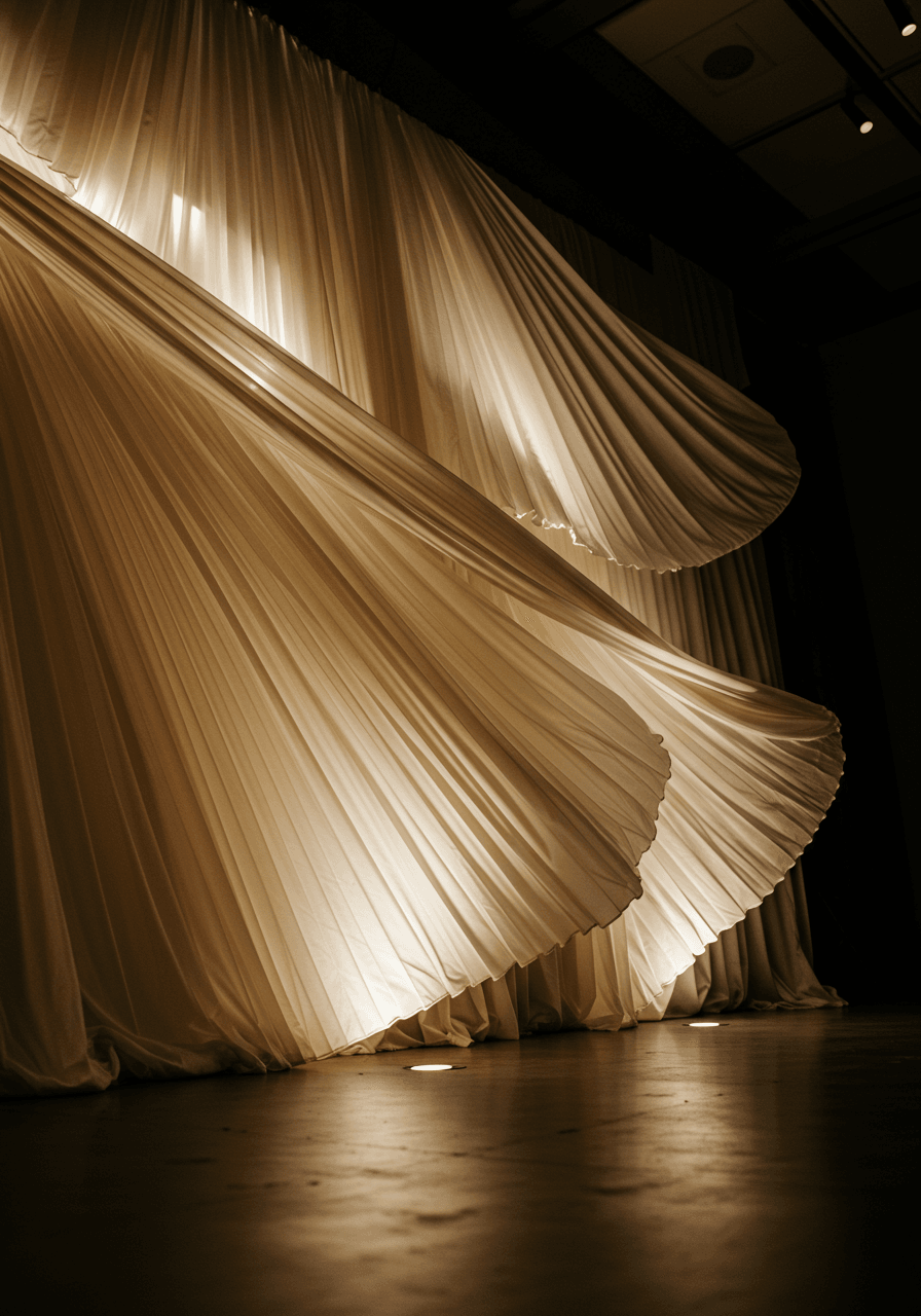 Wide shot of pleated fabric wall installation with gold accent uplighting on polished concrete floor at sophisticated evening wedding