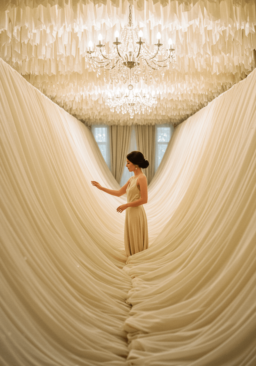 Close-up of bride's hand touching micro-pleated cream fabric wall installation with flowing silk wedding dress and soft afternoon lighting
