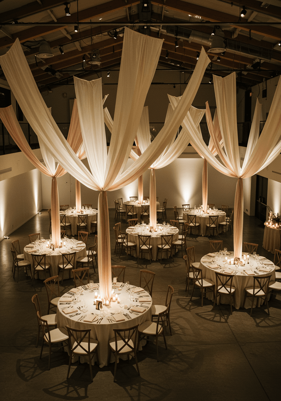 Tall dramatic pleated cream and blush silk fabric art installations as avant-garde wedding centrepieces in modern gallery-style venue