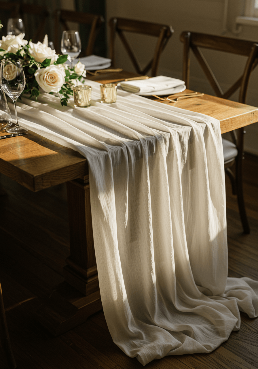 Wide shot of elegant wave-pleated table runners cascading down long reception table with gold tableware and serene sophisticated styling