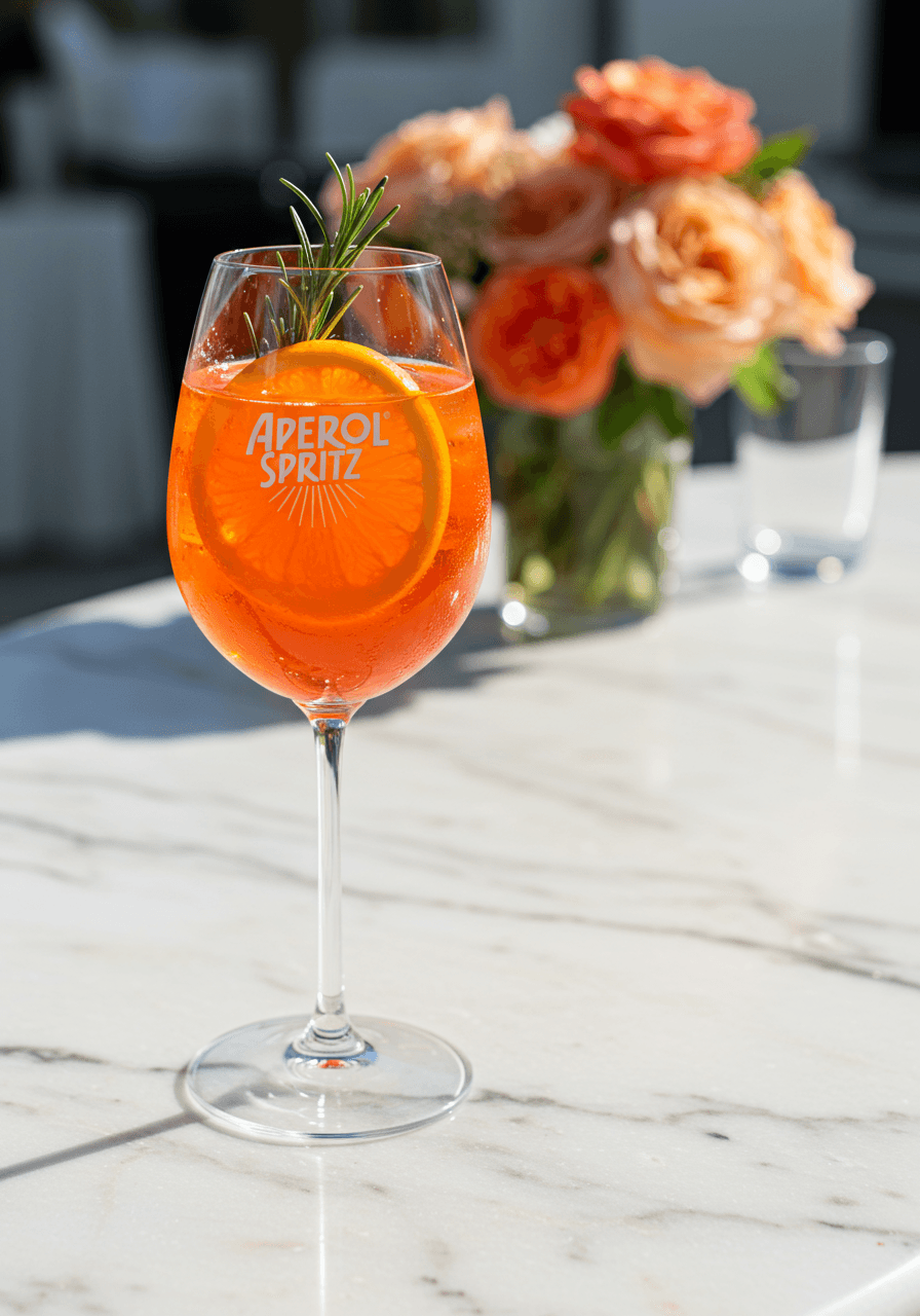 Detail of Aperol Spritz showing effervescent bubbles and condensation against marble with coral flowers