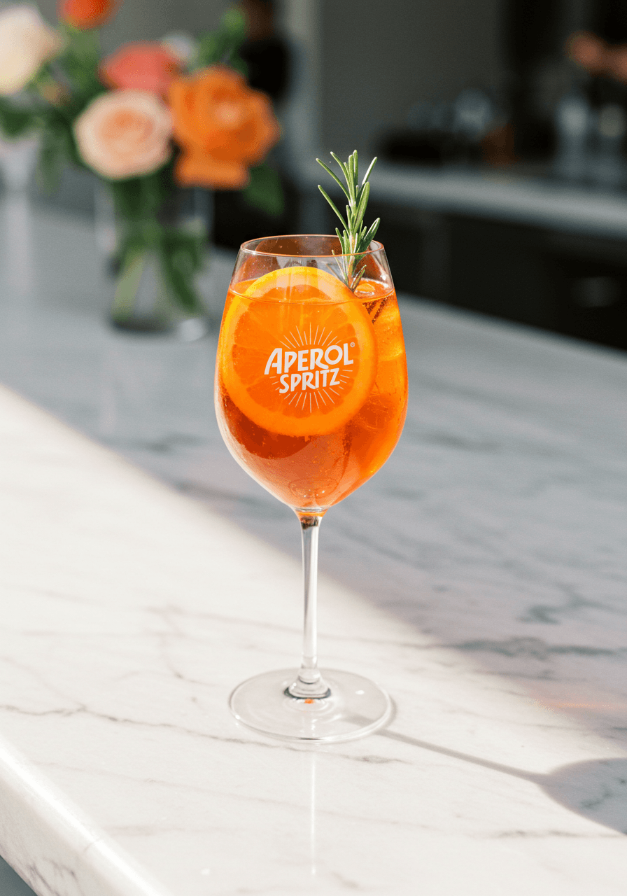 Aperol Spritz in wine glass with orange and rosemary on white marble bar at upscale wedding venue