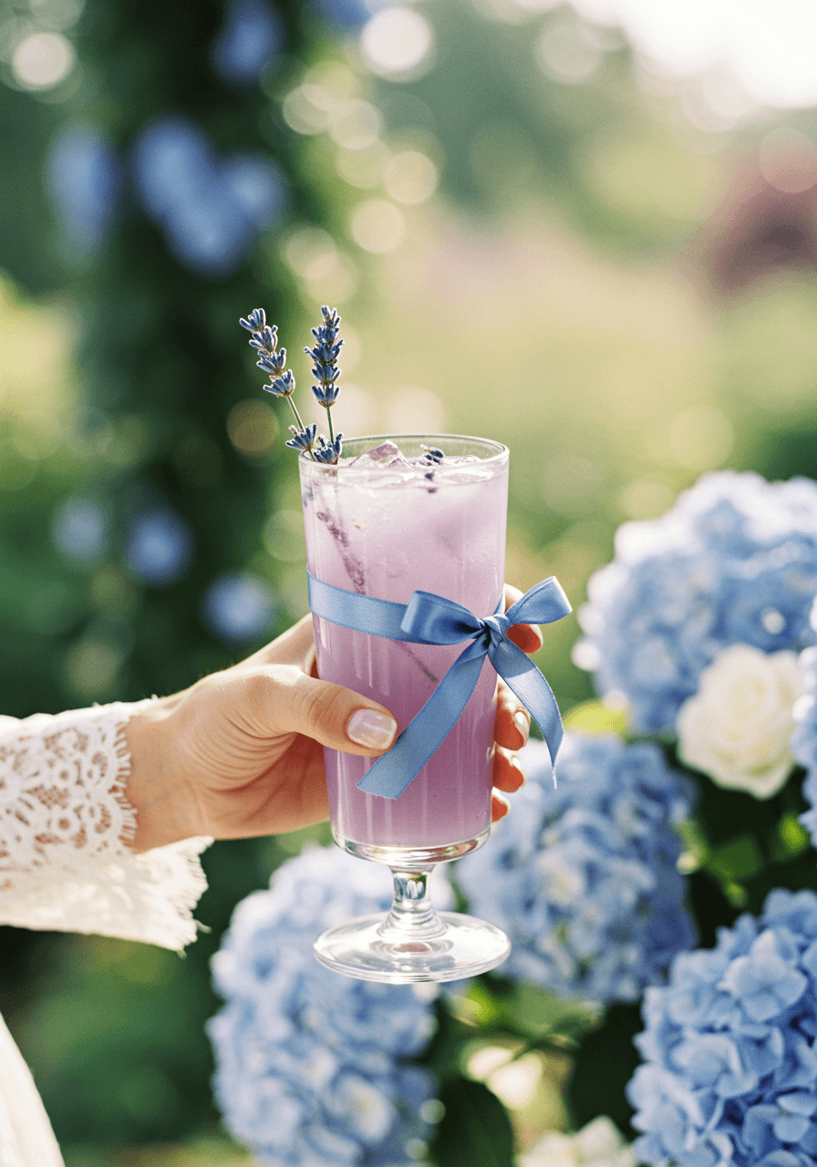 Bride's hand holding lavender Collins with blue ribbon tied around glass stem in sunlit garden pavilion