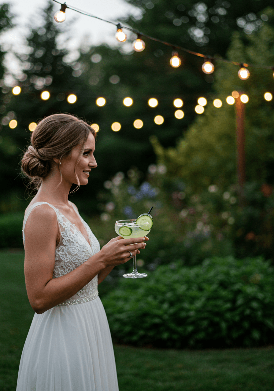 Bride in flowing dress holding cucumber gin gimlet in lush garden with string lights at twilight