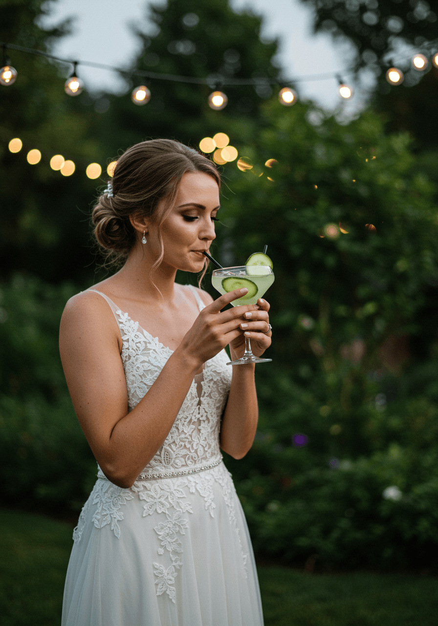 Bride with cucumber gimlet in romantic garden setting with twinkling lights at dusk