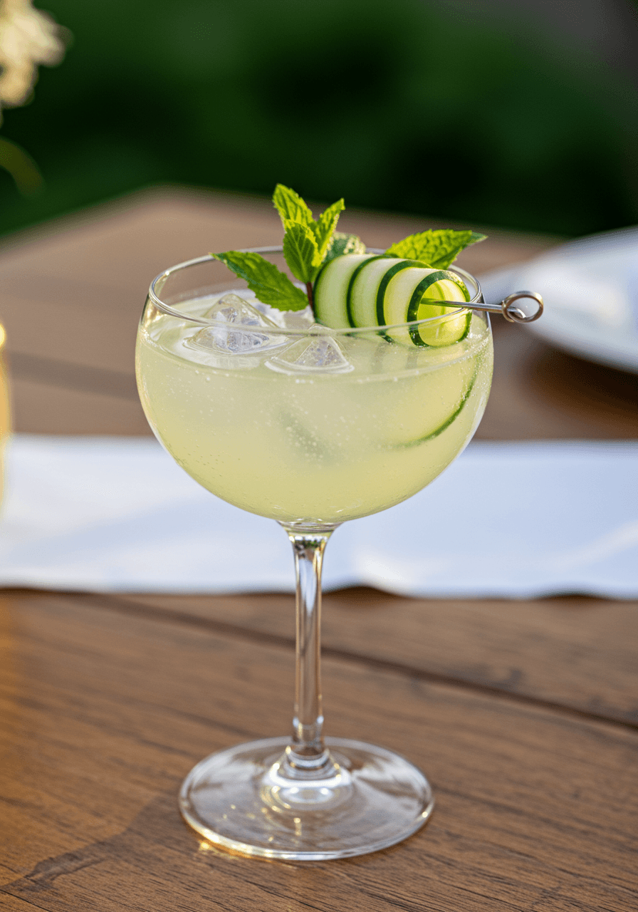 Cucumber gin gimlet in coupe glass with cucumber ribbons and mint on rustic wood at garden wedding