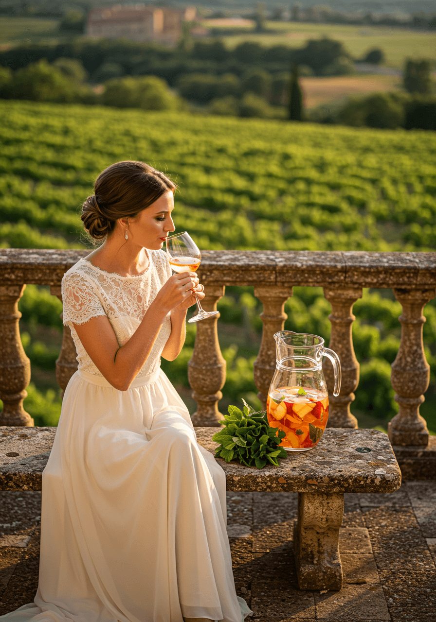 Bride with white sangria pitcher featuring floating berries and peaches against vineyard landscape