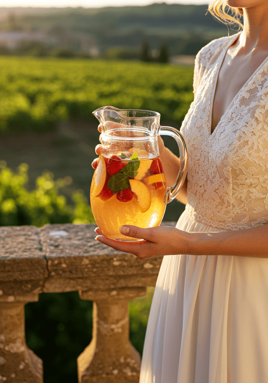 Bride in ivory chiffon holding crystal pitcher of white sangria on vineyard terrace during golden hour