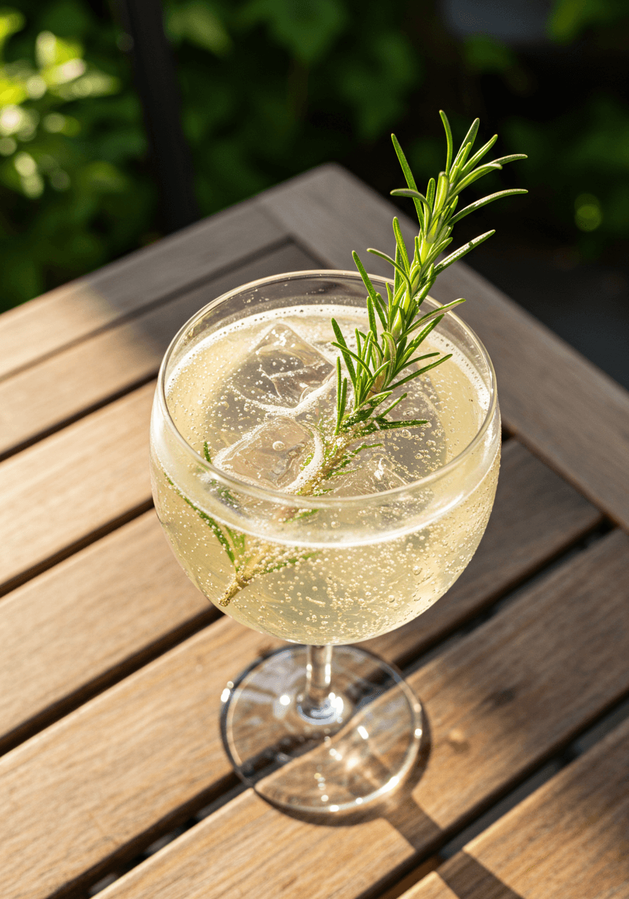 Sparkling gin fizz with fresh rosemary garnish and bubbles on weathered wood with botanical background