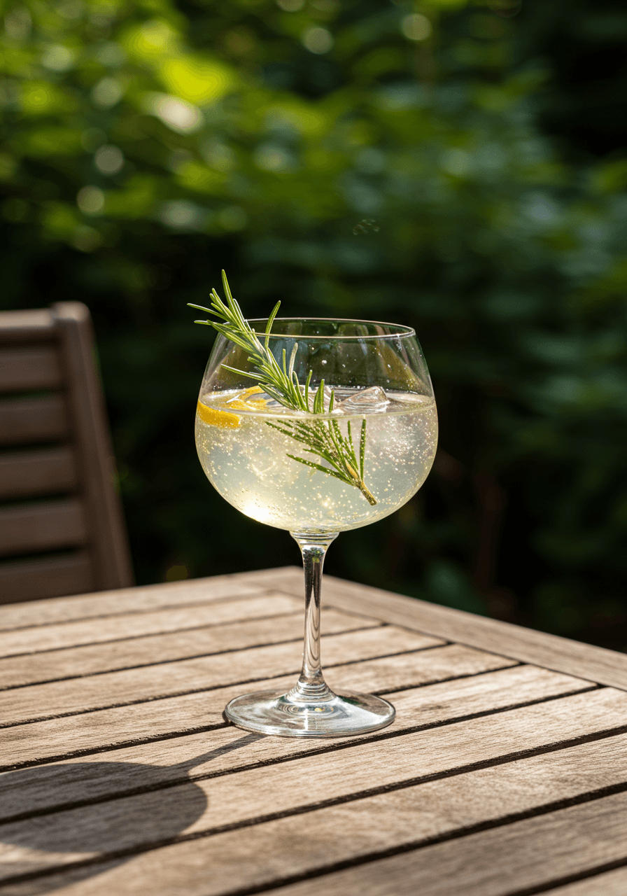 Rosemary gin fizz in crystal glass on rustic wood in sun-drenched garden during golden hour