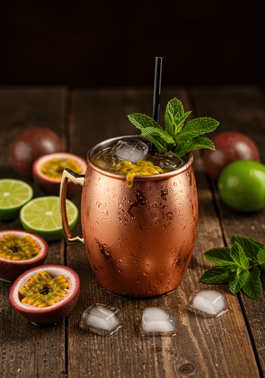 Low angle shot of copper Moscow mule mug with tropical garnishes showing rich metallic tones in warm lighting