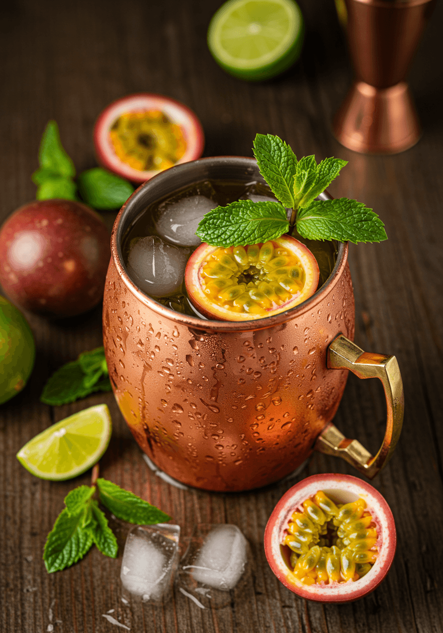Overhead view of passion fruit Moscow mule in copper mug surrounded by halved passion fruits and lime wedges