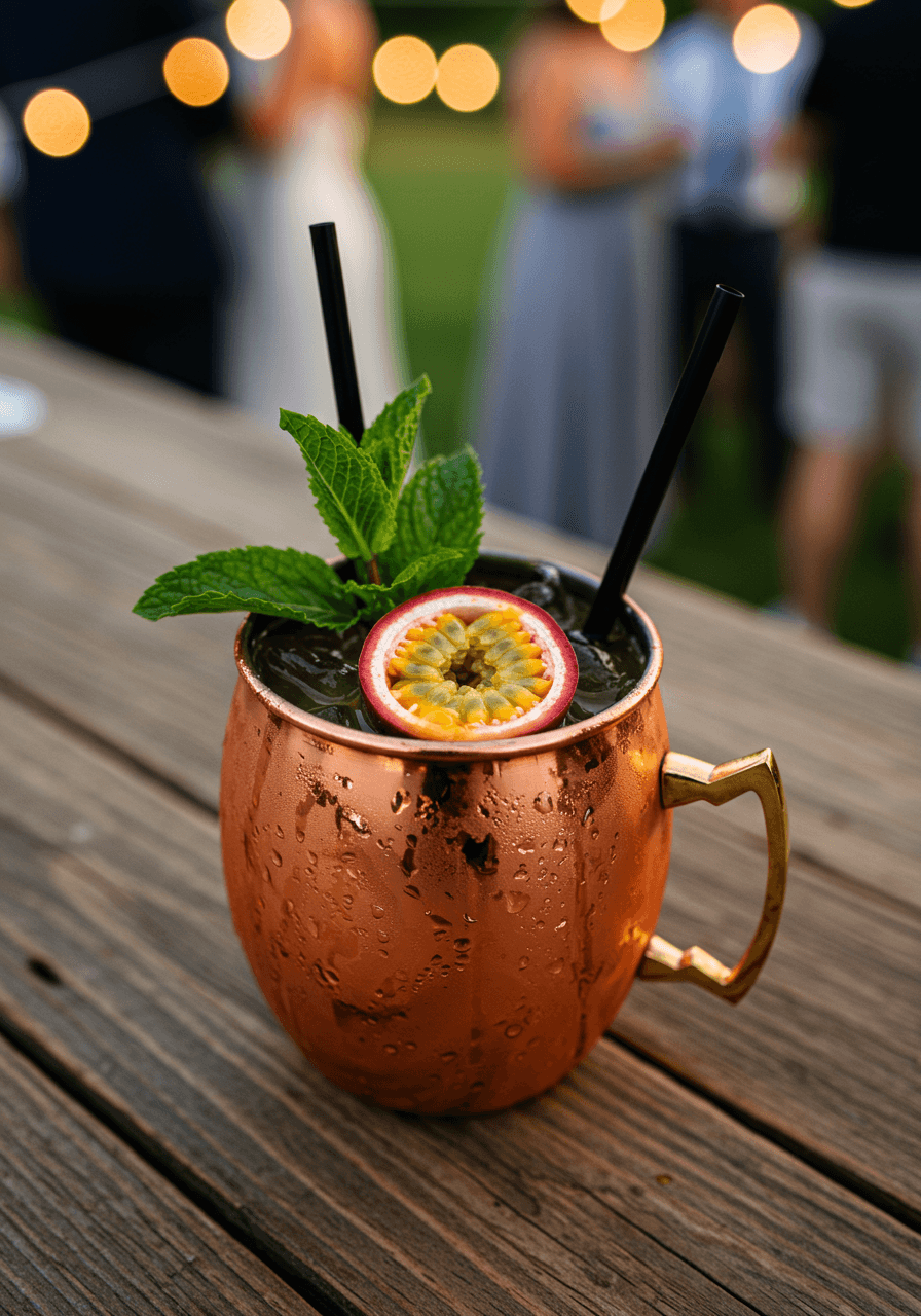 Detail of copper mug filled with golden passion fruit cocktail garnished with mint at wedding celebration