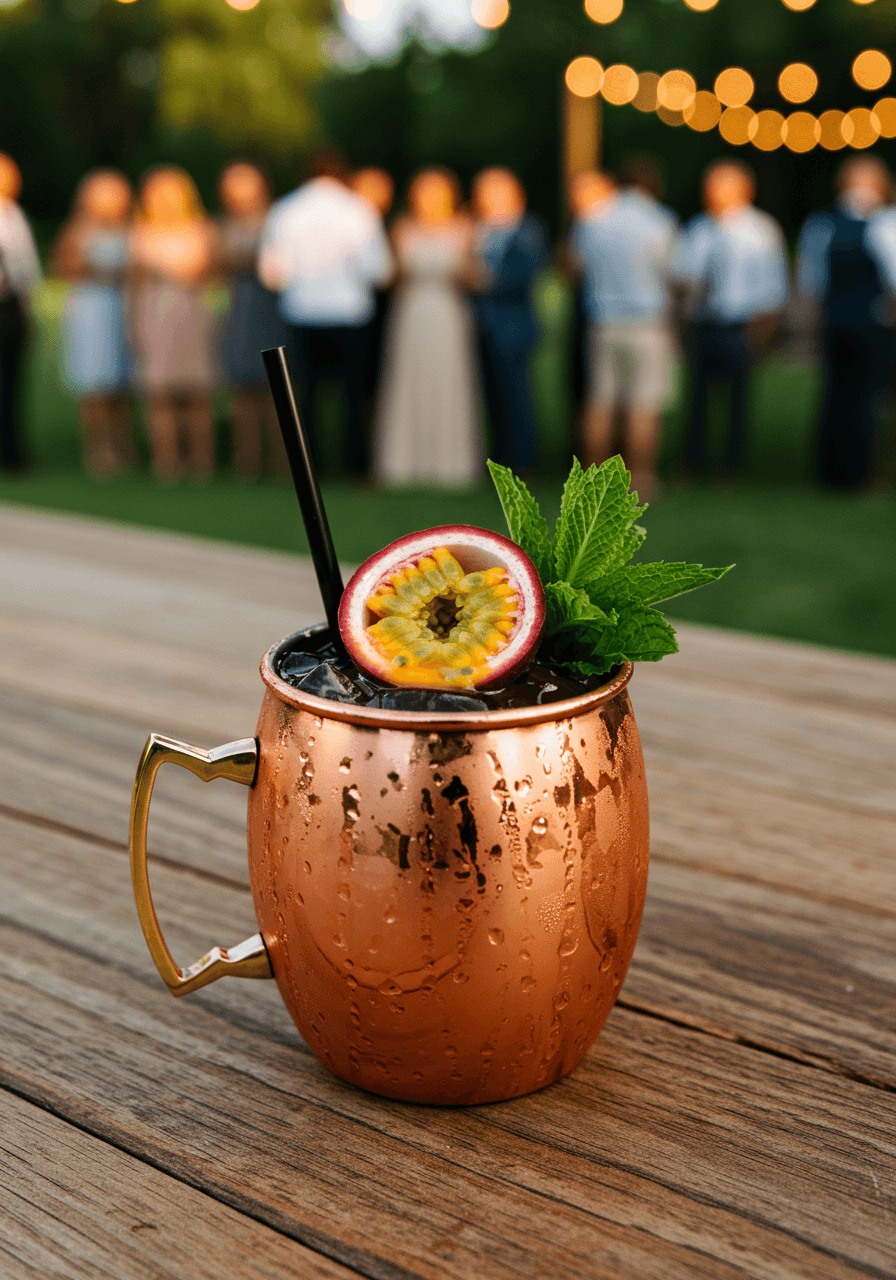 Tropical passion fruit Moscow mule in copper mug with fresh passion fruit and mint on rustic bar