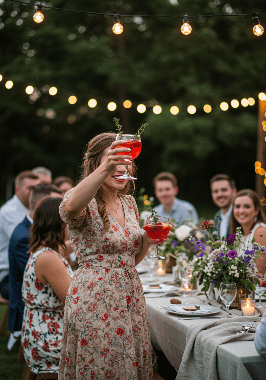 Woman in flowing dress raising raspberry thyme lemonade in toast at outdoor wedding during golden hour