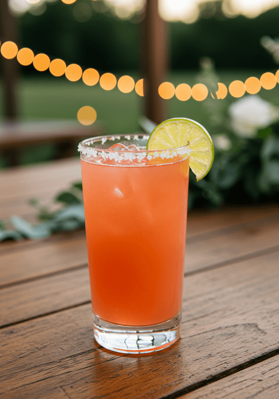 Grapefruit Paloma with lime wheel and salt rim on rustic wood at outdoor summer wedding