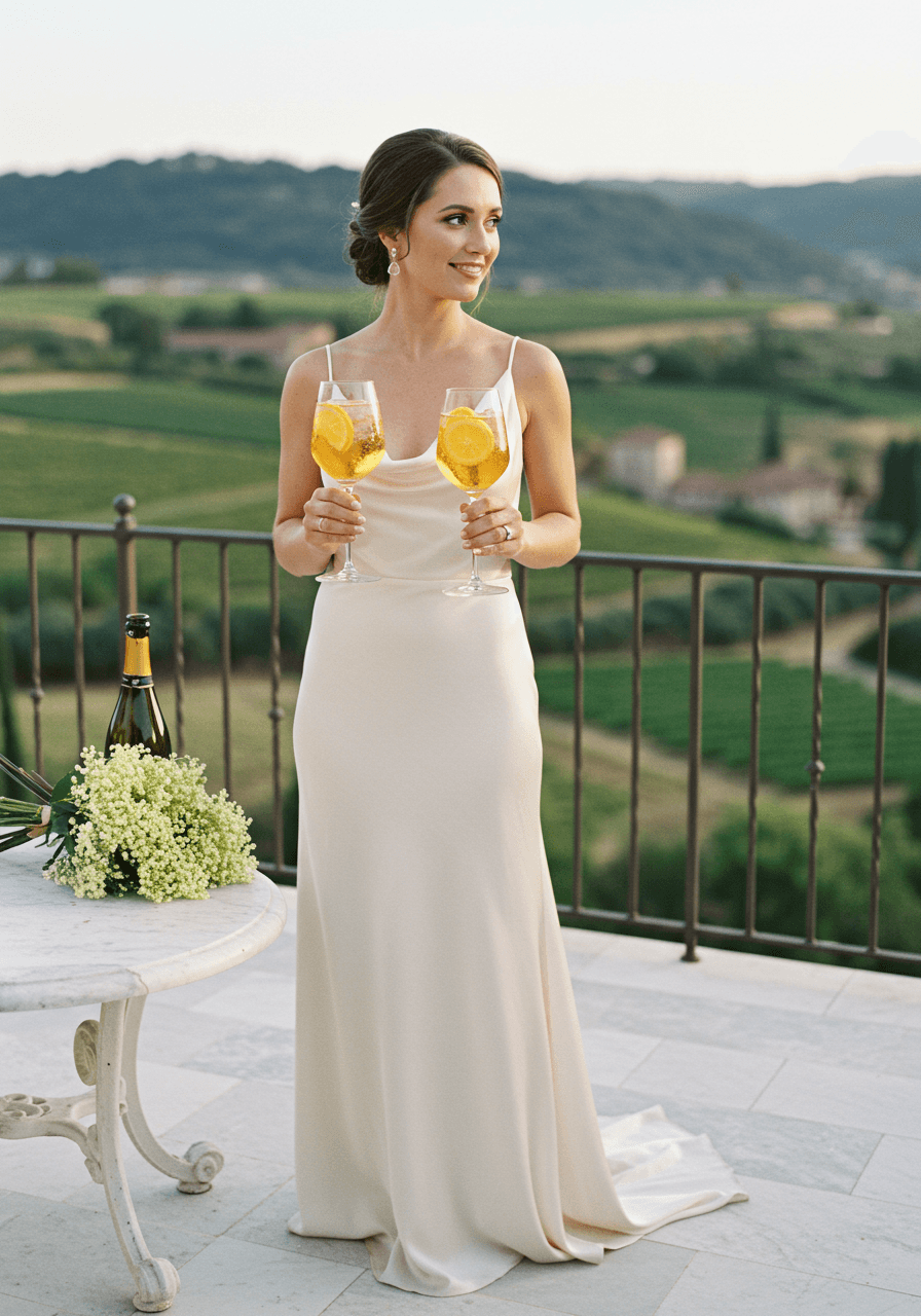 Bride in ivory silk holding two St-Germain Prosecco cocktails on sun-drenched vineyard terrace