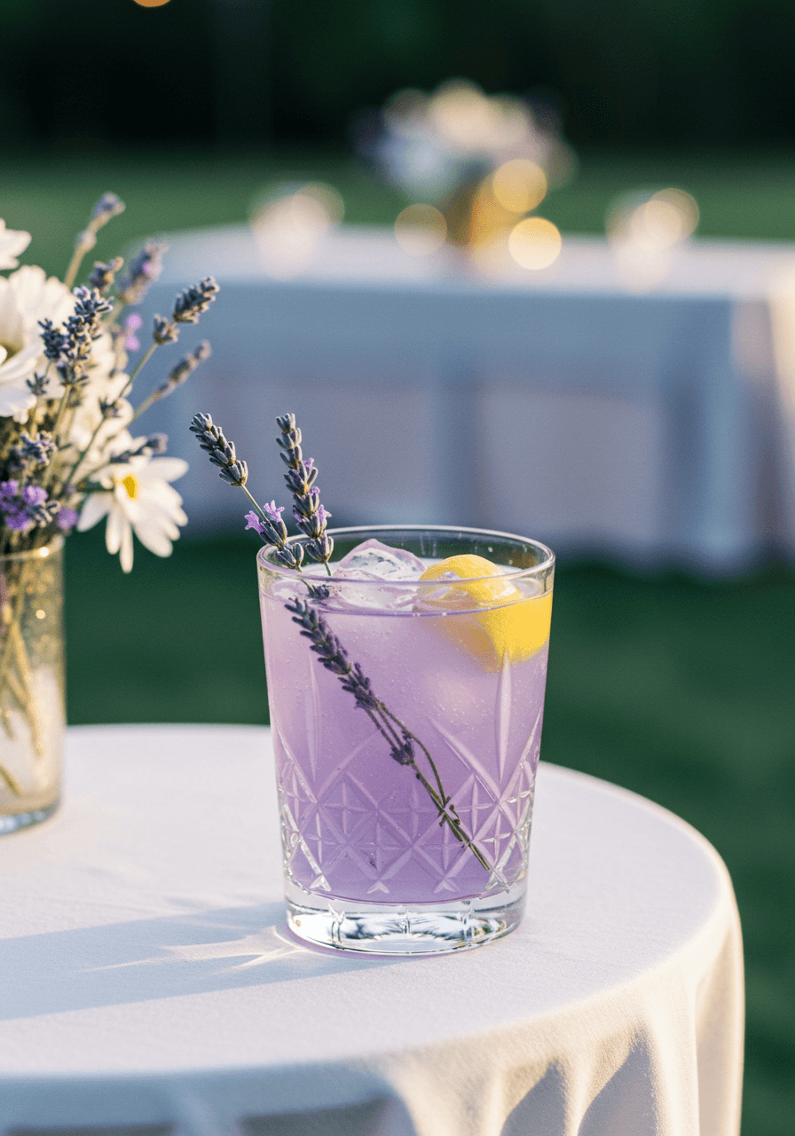 Lavender Collins with fresh lavender garnish and lemon twist on white linen at outdoor summer wedding