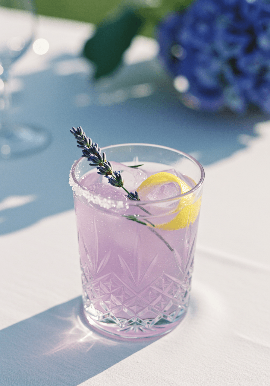 Overhead view of pale purple lavender cocktail in crystal glass with delicate lavender flowers
