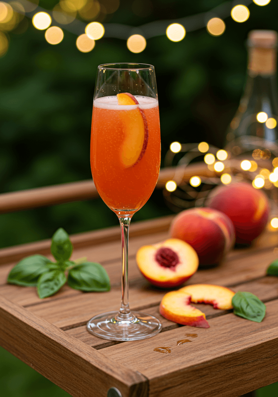 Peach basil Bellini in champagne flute on rustic bar cart with fresh peach slices and basil in garden