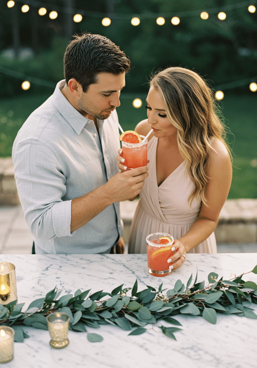 Couple's hands holding salt-rimmed Paloma with eucalyptus garland and string lights behind