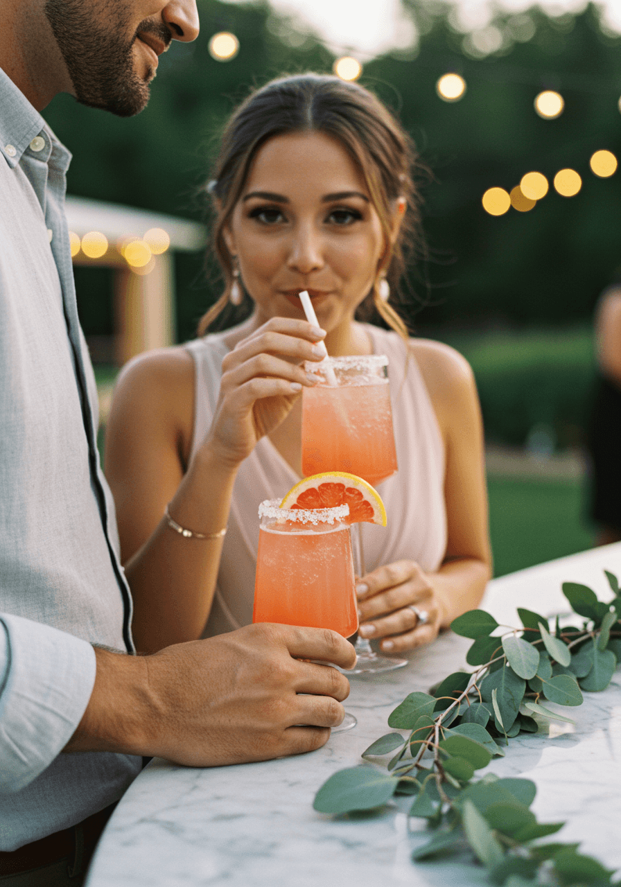 Couple sharing grapefruit Paloma at outdoor wedding bar with golden hour lighting and marble surface