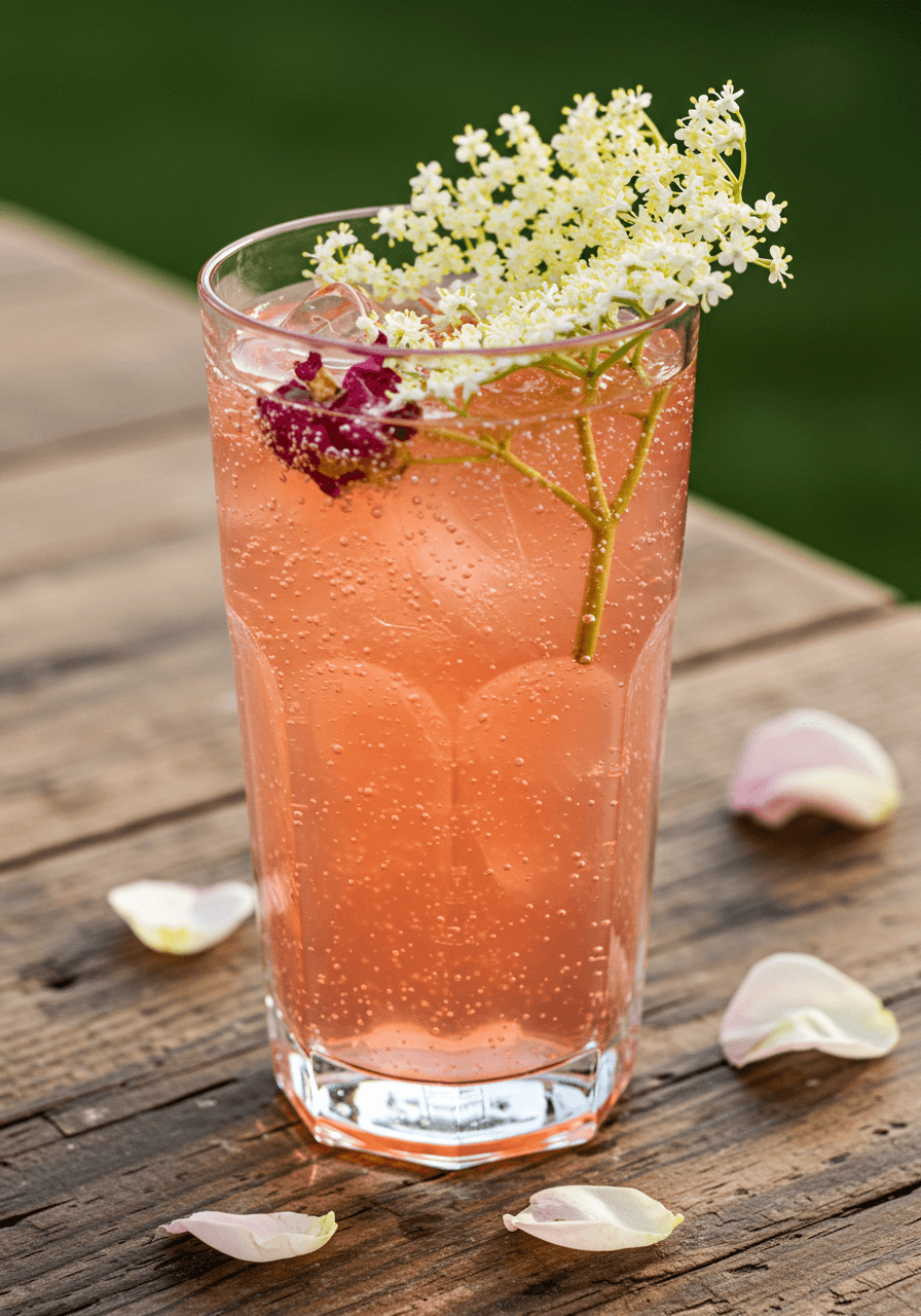 Rosé elderflower spritzer with rose petals and elderflower on rustic wood at garden wedding
