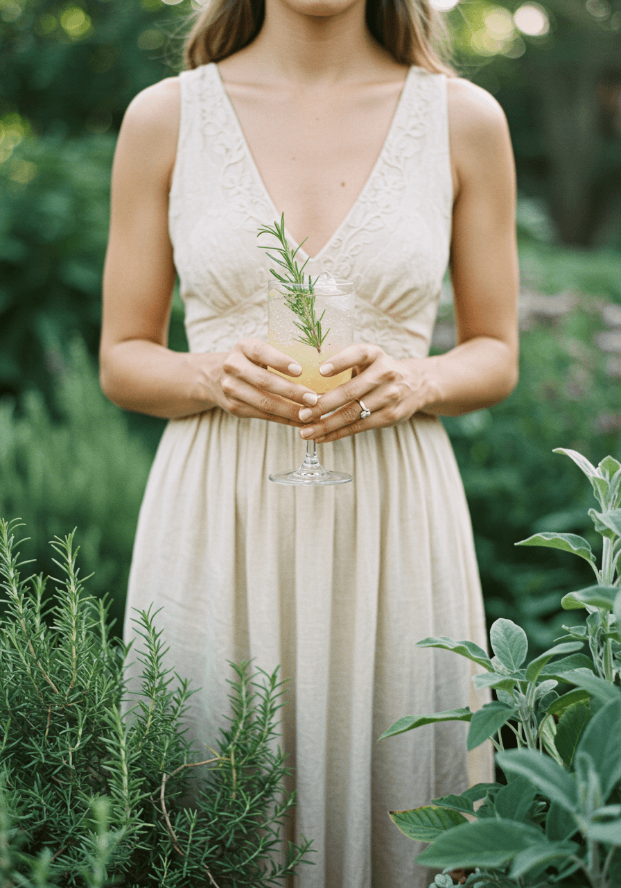Woman in cream linen holding rosemary gin fizz in lush herb garden at outdoor wedding