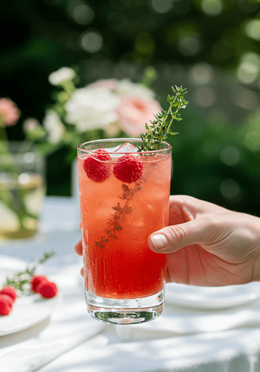 Hand holding raspberry thyme lemonade with fresh berries on outdoor garden party table