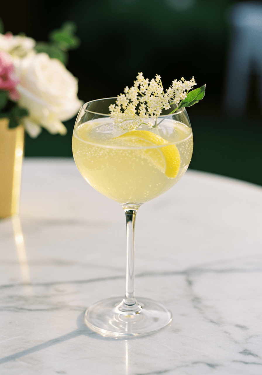 St-Germain and Prosecco in crystal flute with elderflower sprig and lemon twist on white marble