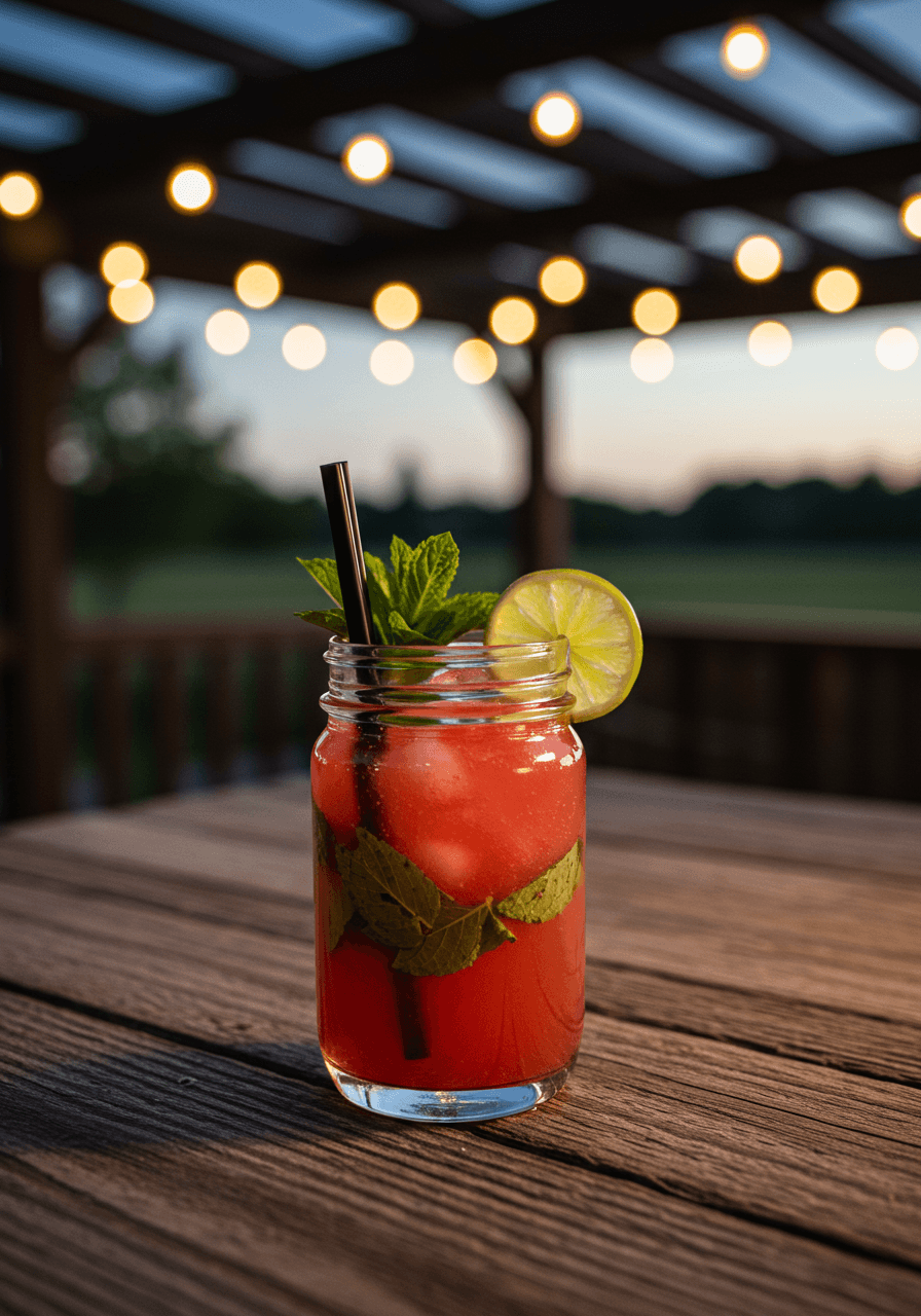 Watermelon mint mojito in mason jar on rustic bar with string lights overhead at twilight