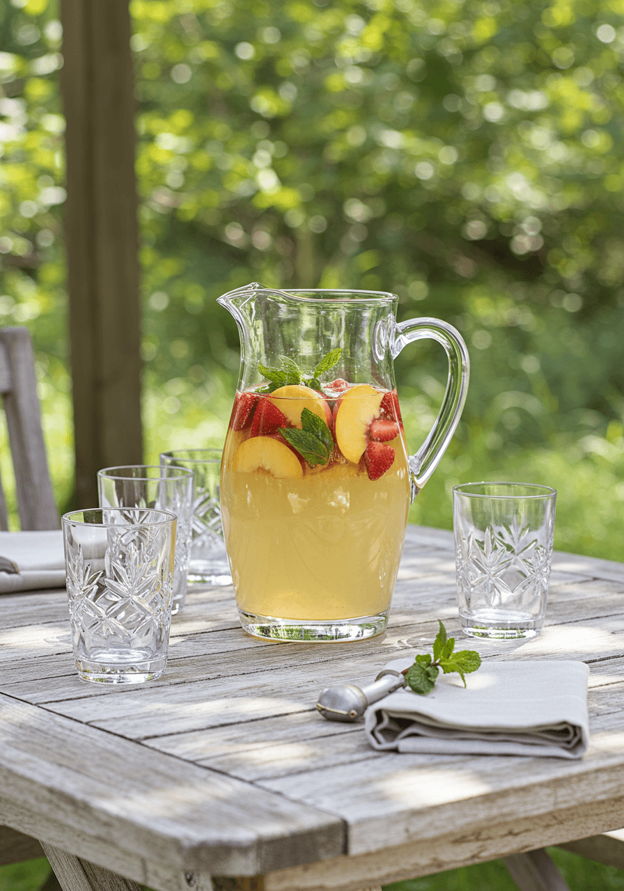 Overhead view of white sangria setup with floating peaches and strawberries on whitewashed wood