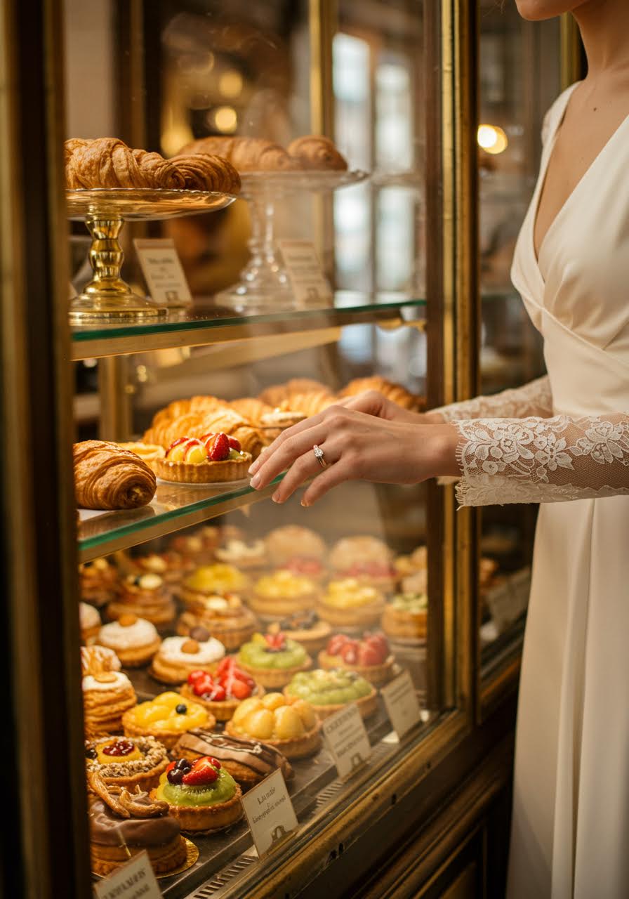 Bride in flowing ivory silk wedding dress selecting French pastries from ornate glass display case in charming Parisian bakery during golden hour
