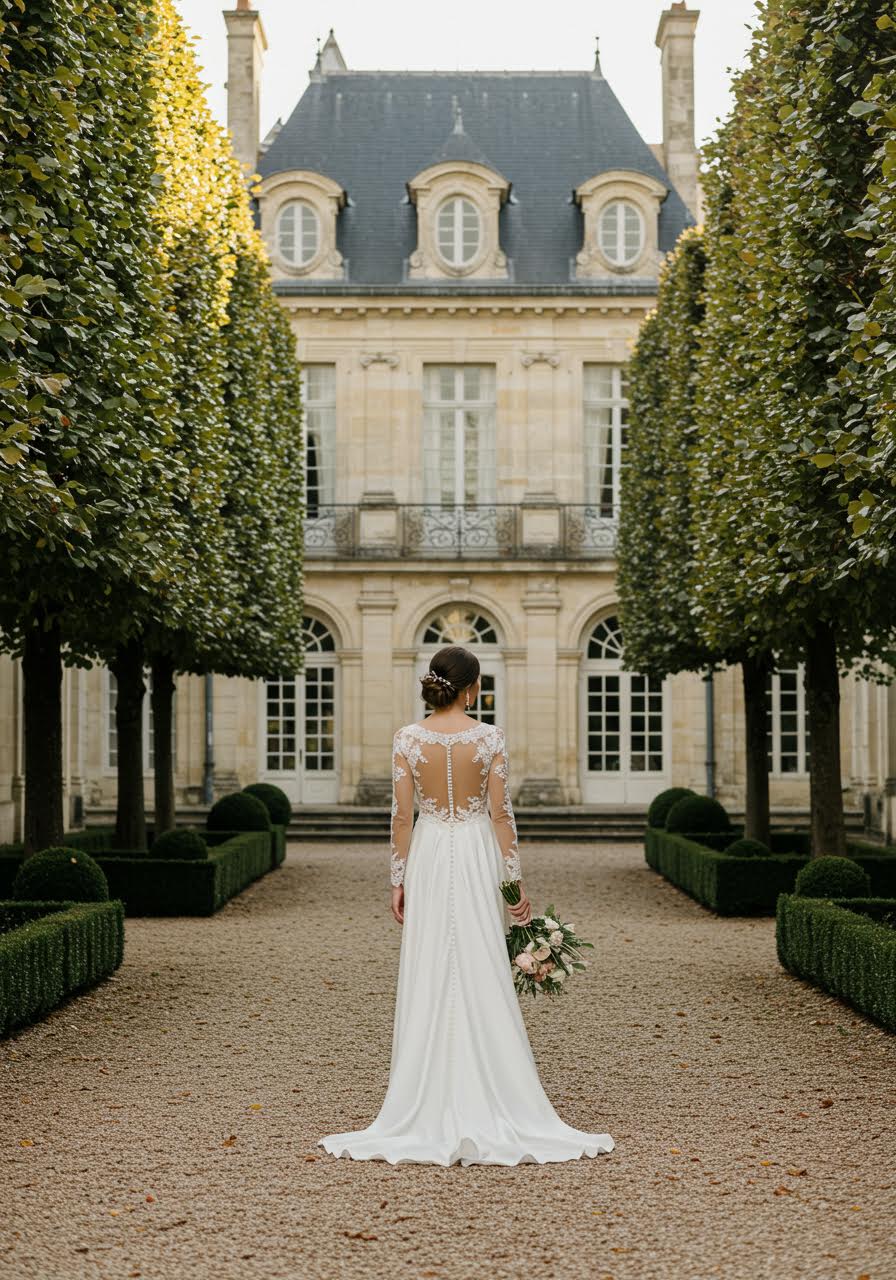 Bride in elegant flowing silk wedding gown with delicate lace sleeves standing gracefully in ornate French château courtyard