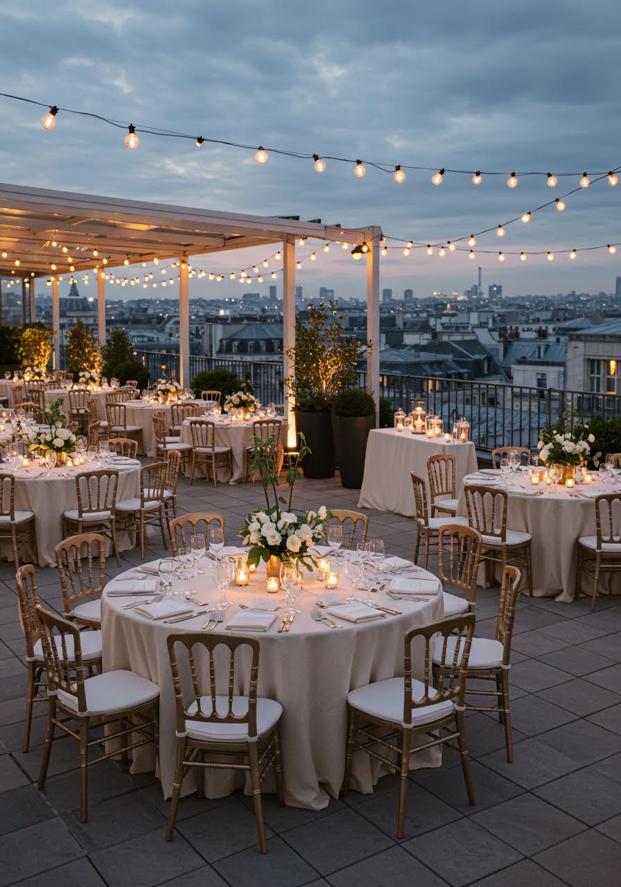Elegant outdoor wedding reception setup on chic Parisian rooftop with round tables, gold chairs and panoramic city views during twilight