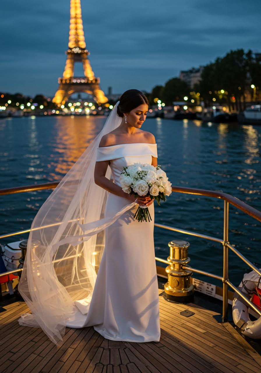 Bride in elegant off-shoulder crepe dress holding white peony bouquet at bow of vintage Seine riverboat with illuminated Eiffel Tower in distance