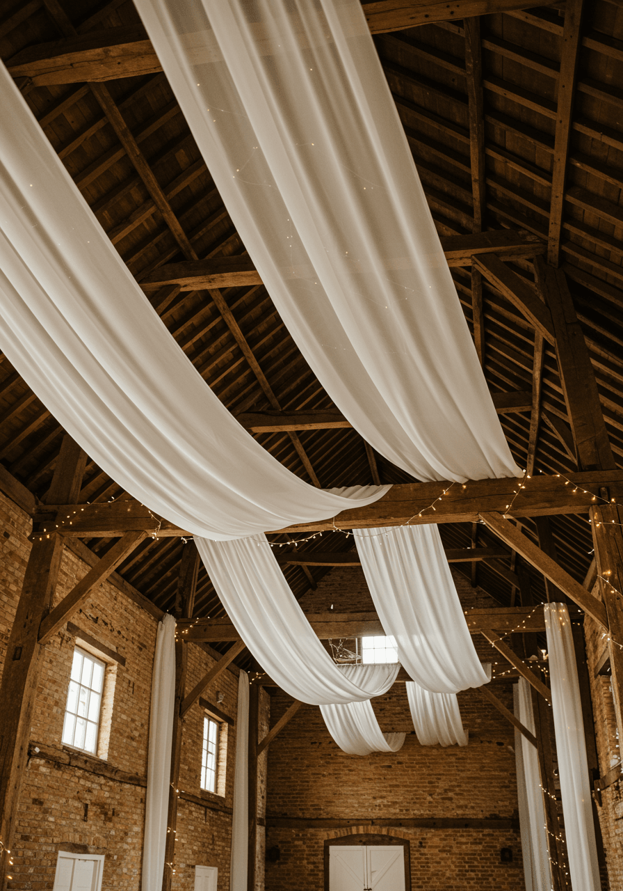 Flowing white chiffon and tulle fabric gracefully draped from rustic wooden ceiling beams in restored barn venue