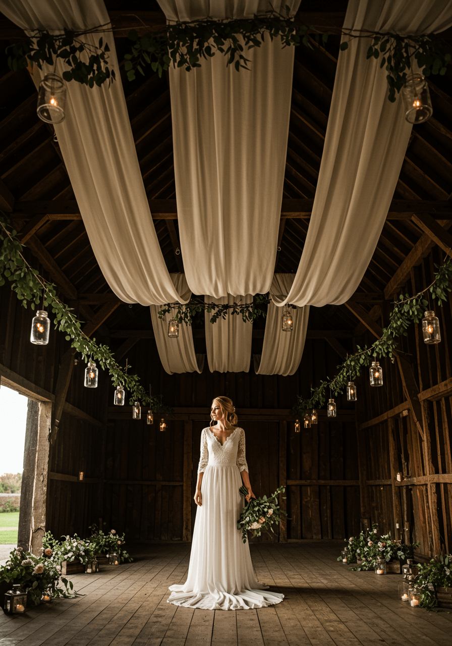 Bohemian bride in lace wedding dress standing beneath billowing ivory silk fabric suspended from barn rafters