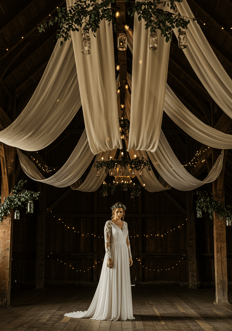 Dramatic overhead view of bride under cascading silk and organza canopy in rustic barn setting